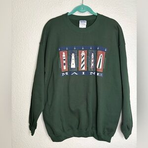 Vintage Maine 1990s Lighthouse Crewneck Gildan Heavy weight Cotton Green EUC